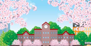 桜咲く春の校舎のイラスト