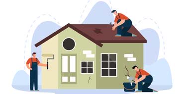 住宅の屋根や外壁を修繕しているイラスト