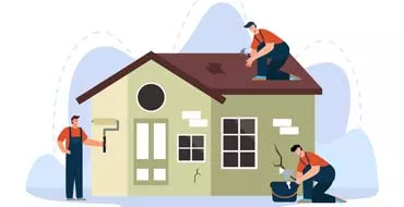 住宅の屋根や外壁を修繕しているイラスト