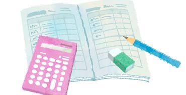 開いたノートとえんぴつと消しゴムと電卓のイラスト